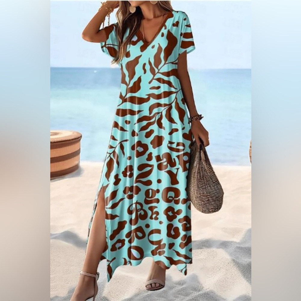 Full Size V Neck Short Sleeve Slit Dress Plus size